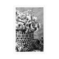 POSTER CARNATION FLOWERS IN A MOSAIC POT IN BLACK AND WHITE - BLACK AND WHITE - POSTERS