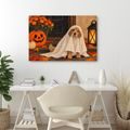 QUADRO SU TELA – CAGNOLINO FANTASMA CON ZUCCA - QUADRI HALLOWEEN E HORROR - STAMPE E QUADRI