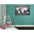 DECORATIVE PINBOARD BLACK AND WHITE WORLD MAP WITH A WOODEN BACKGROUND - PICTURES ON CORK - PICTURES