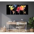 5-PIECE CANVAS PRINT WORLD MAP IN WATERCOLOR ON A BLACK BACKGROUND - PICTURES OF MAPS - PICTURES