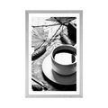 POSTER WITH MOUNT CUP OF COFFEE IN AN AUTUMN FEEL IN BLACK AND WHITE - BLACK AND WHITE - POSTERS