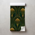 ZELFKLEVEND FOTOBEHANG GOUDEN ART-DECO WAAIERS OP GROEN - FOTOBEHANG MET PATRONEN - FOTOBEHANG