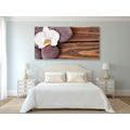 CANVAS PRINT WELLNESS STONES AND AN ORCHID ON A WOODEN BACKGROUND - PICTURES FENG SHUI - PICTURES