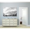 CANVAS PRINT BIRDS FLYING OVER THE LANDSCAPE IN BLACK AND WHITE - BLACK AND WHITE PICTURES - PICTURES