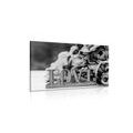 CANVAS PRINT PEONIES WITH THE INSCRIPTION LOVE IN BLACK AND WHITE - BLACK AND WHITE PICTURES - PICTURES