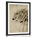 POSTER MIT PASSEPARTOUT ROSEN IN DER VASE IN SEPIA - SCHWARZ-WEISS - POSTER