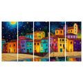 5-DÍLNÝ OBRAZ KOUZELNÁ NOČNÍ VESNICE - BAREVNÉ DOMY - OBRAZY