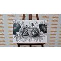 CANVAS PRINT CHARMING COMBINATION OF FLOWERS AND LEAVES IN BLACK AND WHITE - BLACK AND WHITE PICTURES - PICTURES