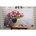 CANVAS PRINT RED TULIPS IN A WOODEN BASKET - PICTURES FLOWERS - PICTURES