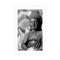 POSTER MIT PASSEPARTOUT FRIEDLICHER BUDDHA IN SCHWARZ-WEISS - SCHWARZ-WEISS - POSTER