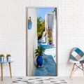 PHOTO WALLPAPER ON THE DOOR WITH MOTIF OF ALLEY WITH A BLUE SIDEWALK - WALLPAPERS{% if product.category.pathNames[0] != product.category.name %} - WALLPAPERS{% endif %}