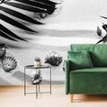 WALL MURAL BLACK AND WHITE SEASHELLS UNDER PALM LEAVES - BLACK AND WHITE WALLPAPERS - WALLPAPERS