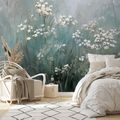 FOTOTAPET AUTOADEZIV FLORI ALBE DELICATE PE FUNDAL VERDE-ALBASTRU - TAPET FLORI - TAPETURI