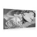 CANVAS PRINT ROSE AND A HEART IN JUTE IN BLACK AND WHITE - BLACK AND WHITE PICTURES - PICTURES