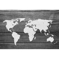 CANVAS PRINT BLACK AND WHITE WORLD MAP WITH A WOODEN BACKGROUND - PICTURES OF MAPS - PICTURES
