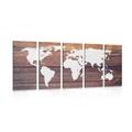 5-PIECE CANVAS PRINT WORLD MAP WITH A WOODEN BACKGROUND - PICTURES OF MAPS - PICTURES