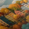 WANDBILD HERBSTSTADT ZWISCHEN BÄUMEN - BUNTE HÄUSER - BILDER