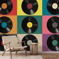 SAMOLEPILNA FOTOTAPETA RETRO VINILNE PLOŠČE NA BARVITEM OZADJU - GLASBENE FOTOTAPETE - TAPETE