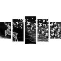 5-PIECE CANVAS PRINT BEAUTIFUL DEER WITH BUTTERFLIES IN BLACK AND WHITE - BLACK AND WHITE PICTURES - PICTURES