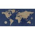 DECORATIVE PINBOARD WORLD MAP WITH A COMPASS IN RETRO STYLE ON A BLUE BACKGROUND - PICTURES ON CORK - PICTURES