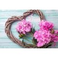 TABLEAU SUR TOILE – PIVOINES SUR UN CŒUR EN BOIS - TABLEAUX D'AMOUR - TABLEAUX