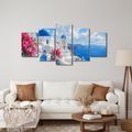 TABLEAU EN 5 PARTIES – MAISONS BLANCHES DE SANTORIN AU BORD DE LA MER - TABLEAUX DE LA MER ET DE LA PLAGE - TABLEAUX