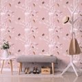 CARTA DA PARATI – UCCELLINI NELLA FORESTA FITTA CON SFONDO ROSA - CARTA DA PARATI ANIMALI - CARTA DA PARATI
