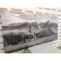 CANVAS PRINT CHURCH BY LAKE BLED IN SLOVENIA IN BLACK AND WHITE - BLACK AND WHITE PICTURES - PICTURES