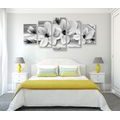 5-PIECE CANVAS PRINT LUXURIOUS MAGNOLIA WITH PEARLS IN BLACK AND WHITE DESIGN - BLACK AND WHITE PICTURES - PICTURES