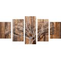 5-PIECE CANVAS PRINT TREE WITH THE IMITATION OF A WOODEN BASE - PICTURES OF NATURE AND LANDSCAPE - PICTURES