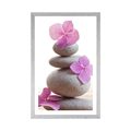 POSTER WITH MOUNT BALANCING STONES AND PINK ORIENTAL FLOWERS - FENG SHUI - POSTERS