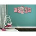 5-PIECE CANVAS PRINT ABSTRACT TREE ON WOOD WITH PINK A CONTRAST - PICTURES OF TREES AND LEAVES - PICTURES