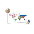 DECORATIVE PINBOARD WORLD MAP WITH FLAGS ON A WHITE BACKGROUND - PICTURES ON CORK - PICTURES