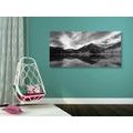 CANVAS PRINT LAKE UNDER THE HILLS IN BLACK AND WHITE - BLACK AND WHITE PICTURES - PICTURES