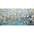 CANVAS PRINT GOLD-WHITE LEAVES ON A BLUE BACKGROUND - PICTURES OF TREES AND LEAVES - PICTURES