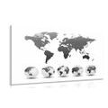 CANVAS PRINT GLOBES WITH A WORLD MAP IN BLACK AND WHITE - PICTURES OF MAPS - PICTURES