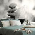 WALL MURAL BLACK AND WHITE STONES AND A LEAF IN A BOWL - BLACK AND WHITE WALLPAPERS - WALLPAPERS