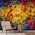SELBSTKLEBENDE TAPETE BUNTE MUSIKNOTEN AUF HOLZ - MUSIK FOTOTAPETEN - TAPETEN