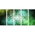 QUADRO IN 5 PARTI MANDALA CON SFONDO GALATTICO IN SFUMATURE DI VERDE - QUADRI FENG SHUI - QUADRI