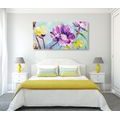 WANDBILD MALEREI MIT LILA UND GELBEN BLUMEN - BILDER BLUMEN - BILDER