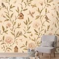 ZELFKLEVEND FOTOBEHANG VINTAGE BLOEMEN MET VOGELTJES EN VOGELHUISJES - FOTOBEHANG VOGELS - FOTOBEHANG