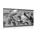 CANVAS PRINT BLACK AND WHITE BIRDS AND FLOWERS IN A VINTAGE DESIGN - BLACK AND WHITE PICTURES - PICTURES