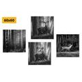 CANVAS PRINT SET FOREST ANIMALS IN BLACK AND WHITE - SET OF PICTURES - PICTURES