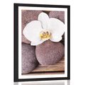 POSTER WITH MOUNT WELLNESS STONES AND ORCHID ON A WOODEN BACKGROUND - FENG SHUI - POSTERS