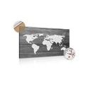 DECORATIVE PINBOARD BLACK AND WHITE WORLD MAP WITH A WOODEN BACKGROUND - PICTURES ON CORK - PICTURES