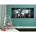 5-PIECE CANVAS PRINT WORLD ON THE MAP IN BLACK AND WHITE - PICTURES OF MAPS - PICTURES