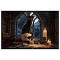 WANDBILD SCHWARZE KATZE AUF EINEM SCHÄDEL - HALLOWEEN- UND HORROR-BILDER - BILDER