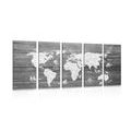 5-PIECE CANVAS PRINT BLACK AND WHITE MAP ON WOOD - PICTURES OF MAPS - PICTURES