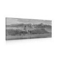 CANVAS PRINT CHURCH BY LAKE BLED IN SLOVENIA IN BLACK AND WHITE - BLACK AND WHITE PICTURES - PICTURES