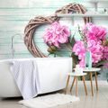 WALL MURAL PEONIES ON A WOODEN HEART - WALLPAPERS VINTAGE AND RETRO - WALLPAPERS